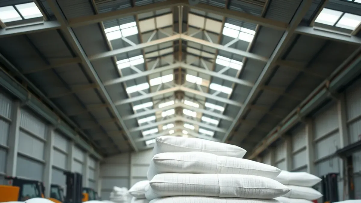 Sacos de ráfia empilhados sobre paletes em armazém industrial