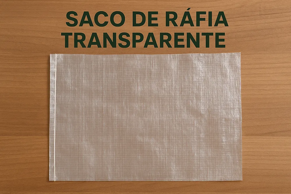 Saco de ráfia transparente sobre superfície de madeira